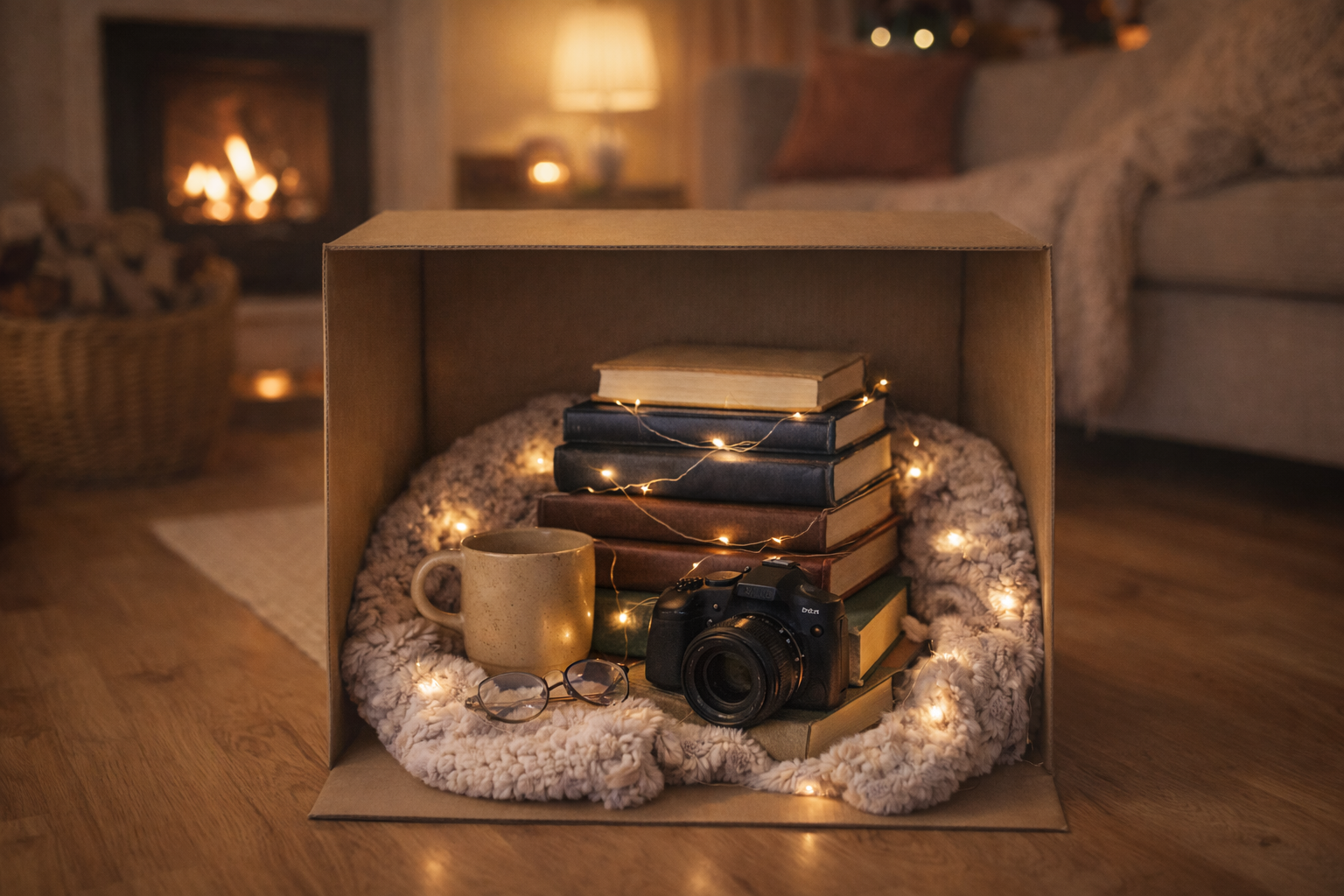 Stack of hardcover books with glasses and a coffee mug on a knitted blanket inside a cardboard box